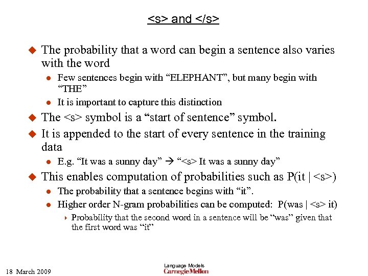 <s> and </s> u The probability that a word can begin a sentence also