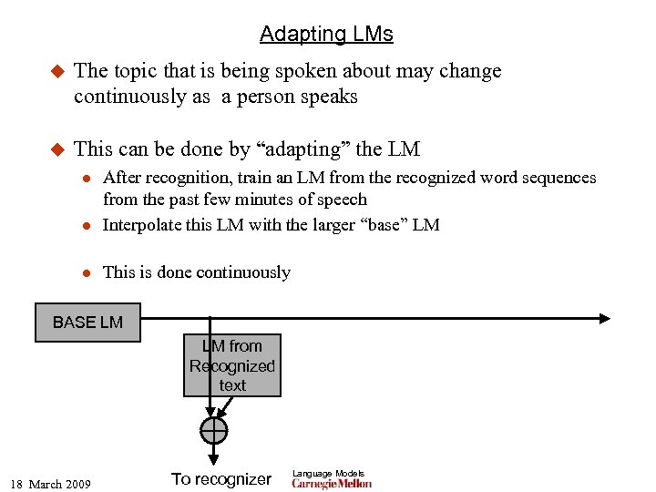 Adapting LMs u The topic that is being spoken about may change continuously as