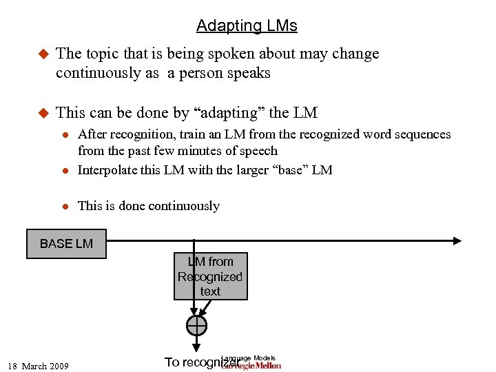 Adapting LMs u The topic that is being spoken about may change continuously as