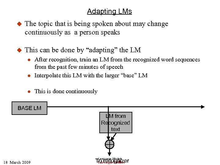 Adapting LMs u The topic that is being spoken about may change continuously as