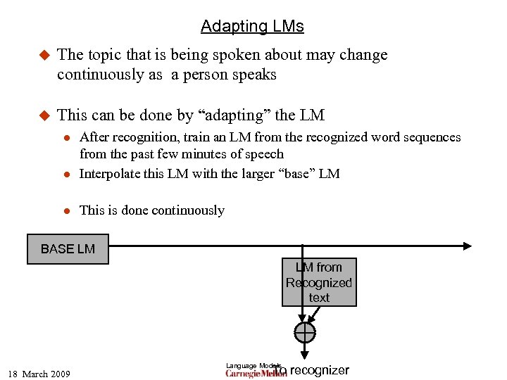 Adapting LMs u The topic that is being spoken about may change continuously as