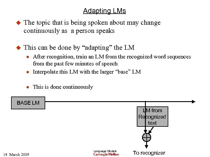 Adapting LMs u The topic that is being spoken about may change continuously as