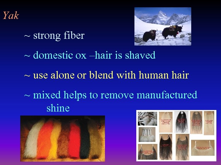 Yak ~ strong fiber ~ domestic ox –hair is shaved ~ use alone or