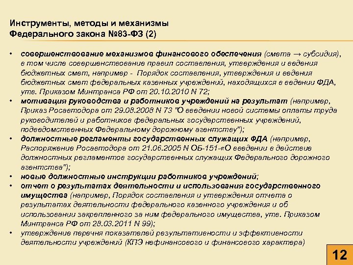 Инструменты методологии. Механизмы ФЗ. Казенные учреждения подведомственные Минтрансу.