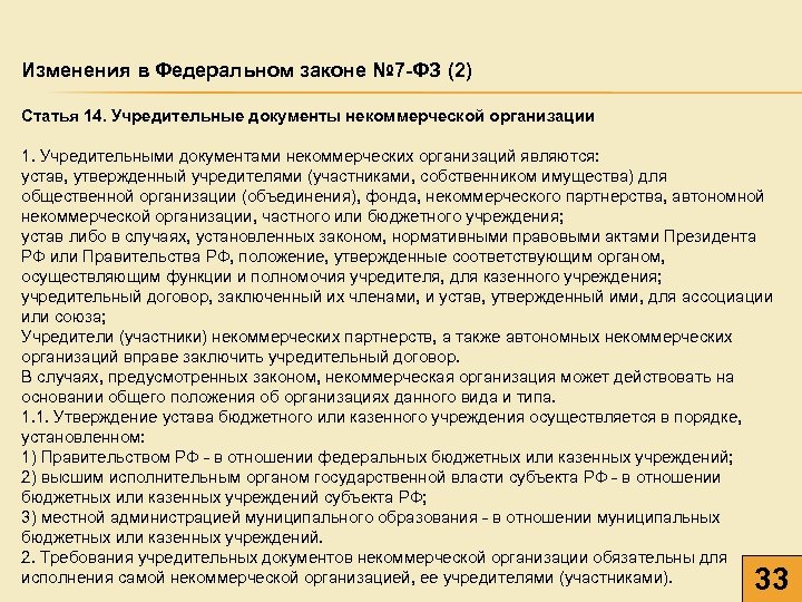 Изменения в Федеральном законе № 7 -ФЗ (2) Статья 14. Учредительные документы некоммерческой организации