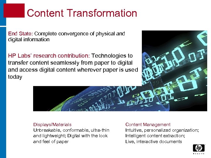 Content Transformation End State: Complete convergence of physical and digital information HP Labs’ research