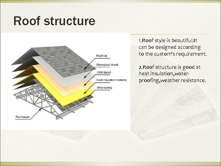 Roof structure 1. Roof style is beautiful. It can be designed according to the