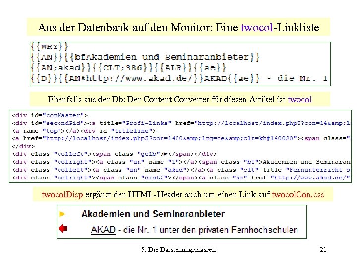 Aus der Datenbank auf den Monitor: Eine twocol-Linkliste Ebenfalls aus der Db: Der Content
