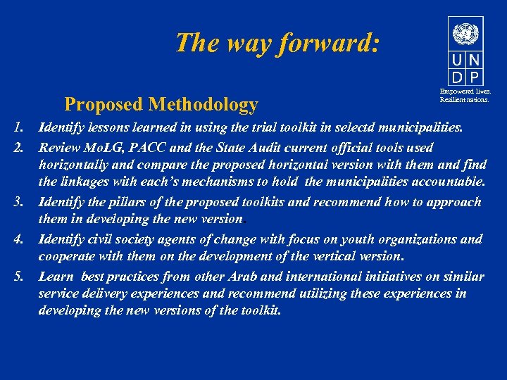  The way forward: Proposed Methodology 1. 2. 3. 4. 5. Empowered lives. Resilient
