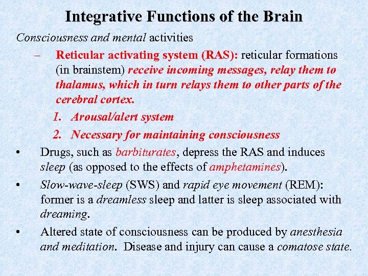 Integrative Functions of the Brain Consciousness and mental activities – Reticular activating system (RAS):