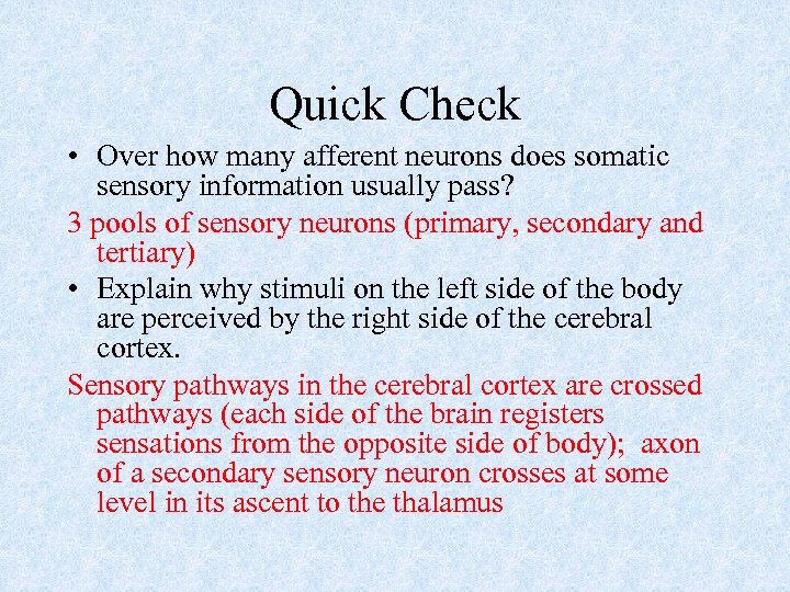 Quick Check • Over how many afferent neurons does somatic sensory information usually pass?