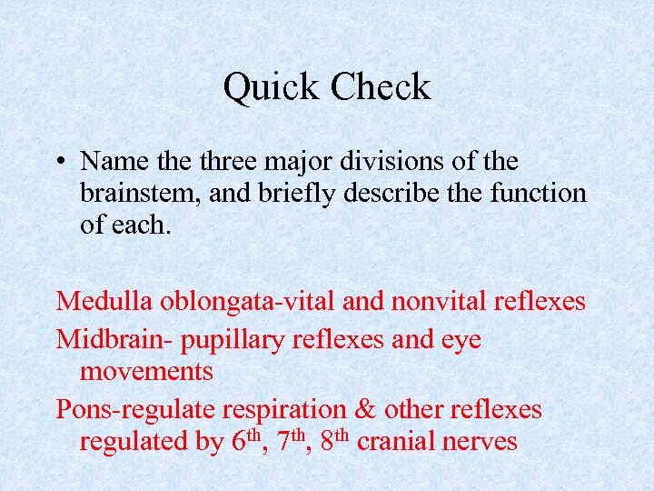 Quick Check • Name three major divisions of the brainstem, and briefly describe the