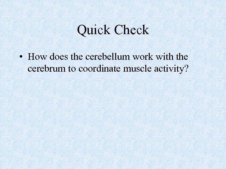 Quick Check • How does the cerebellum work with the cerebrum to coordinate muscle