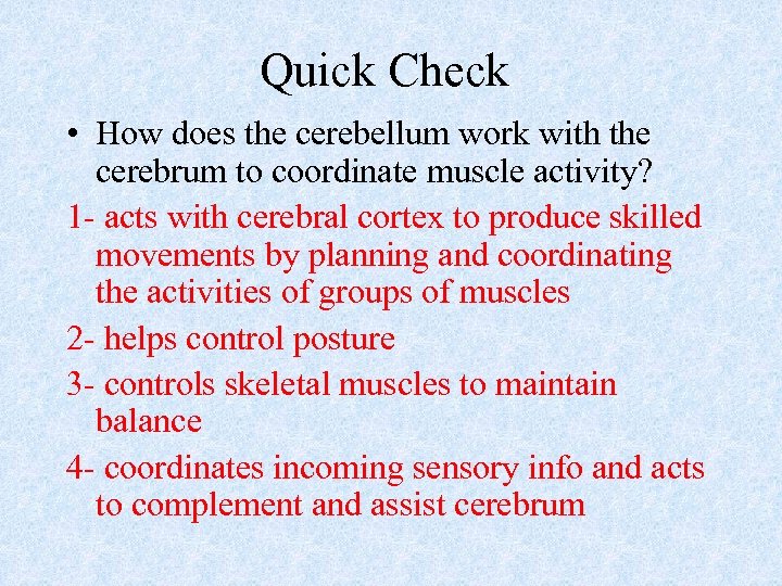 Quick Check • How does the cerebellum work with the cerebrum to coordinate muscle