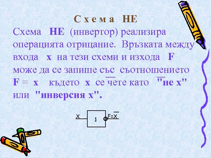 С х е м а НЕ Схема НЕ (инвертор) реализира операцията отрицание. Връзката между