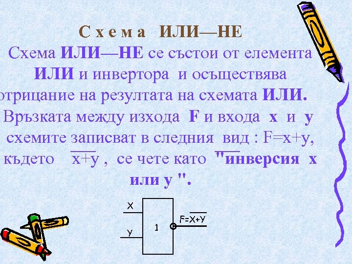 С х е м а ИЛИ—НЕ Схема ИЛИ—НЕ се състои от елемента ИЛИ и