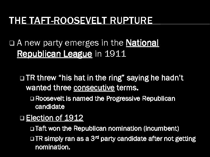 THE TAFT-ROOSEVELT RUPTURE q. A new party emerges in the National Republican League in