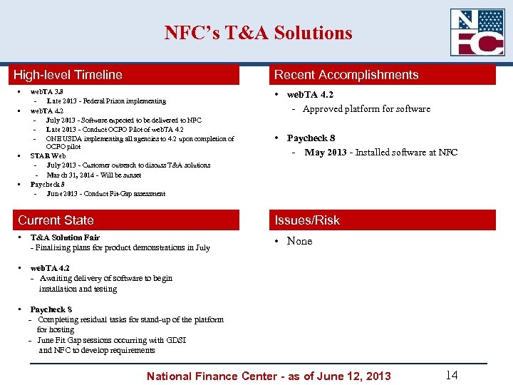 NFC’s T&A Solutions High-level Timeline • • Recent Accomplishments web. TA 3. 8 Late