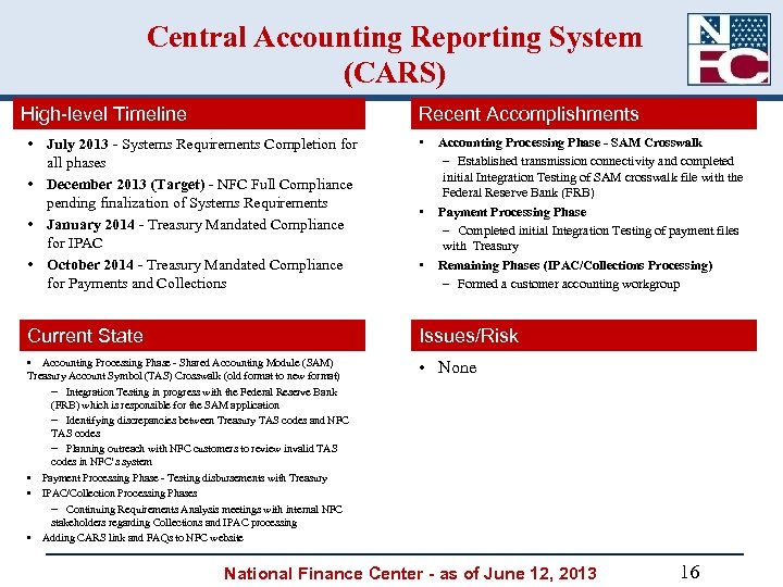Central Accounting Reporting System (CARS) High-level Timeline Recent Accomplishments • July 2013 - Systems