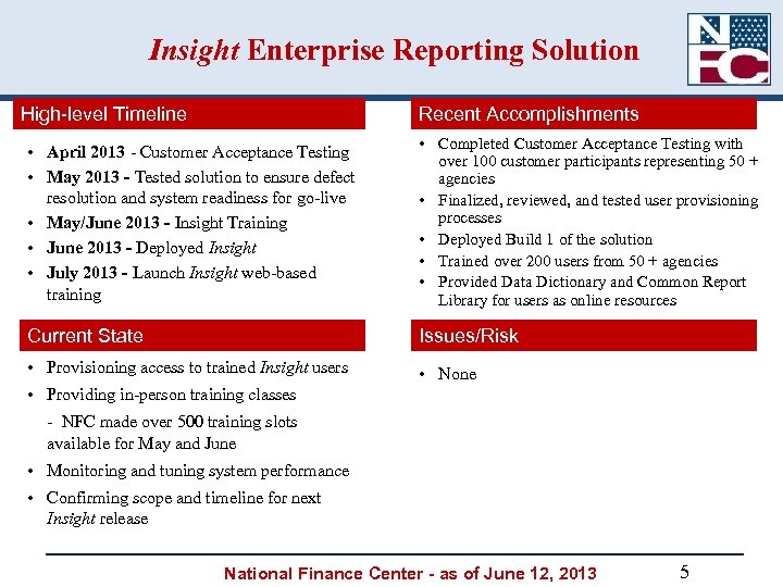 Insight Enterprise Reporting Solution High-level Timeline Recent Accomplishments • April 2013 - Customer Acceptance