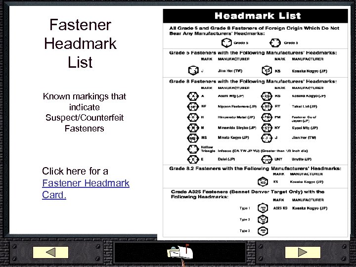 Fastener Headmark List Known markings that indicate Suspect/Counterfeit Fasteners Click here for a Fastener