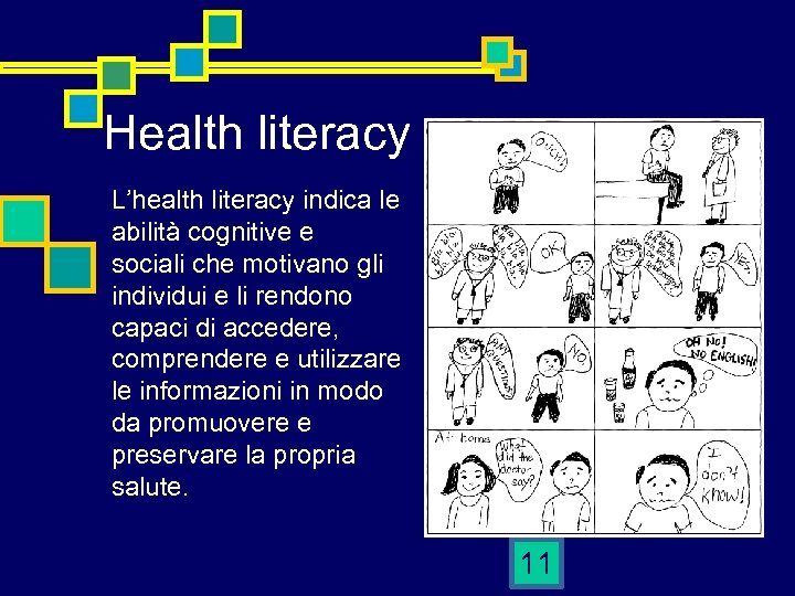 Health literacy L’health literacy indica le abilità cognitive e sociali che motivano gli individui