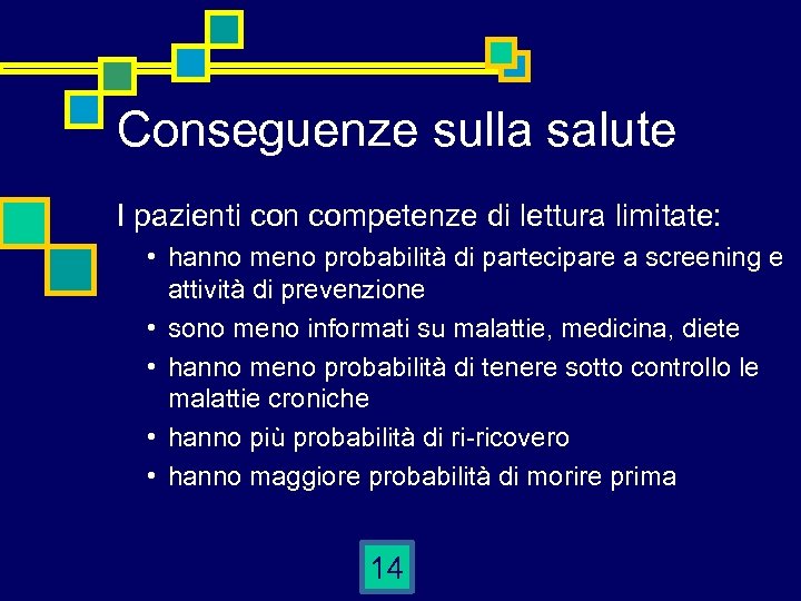 Conseguenze sulla salute I pazienti con competenze di lettura limitate: • hanno meno probabilità