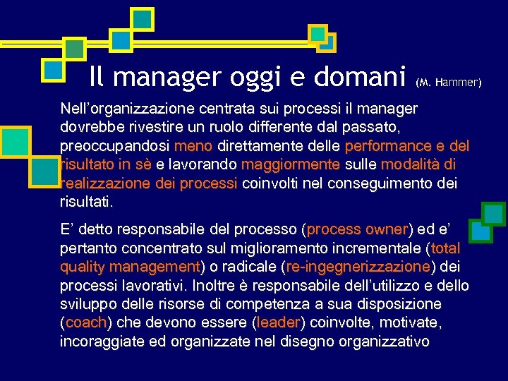 Il manager oggi e domani (M. Hammer) Nell’organizzazione centrata sui processi il manager dovrebbe