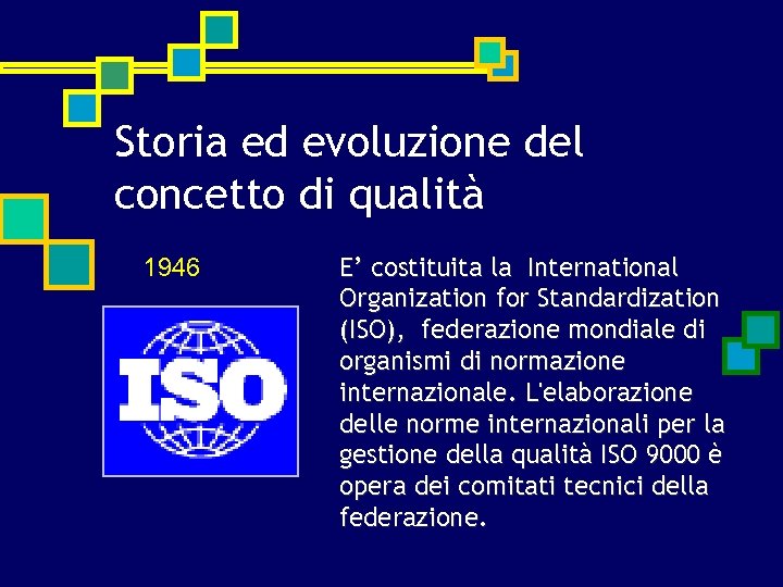 Storia ed evoluzione del concetto di qualità 1946 E’ costituita la International Organization for