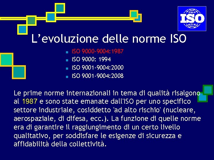 L’evoluzione delle norme ISO ■ ■ ISO ISO 9000 -9004: 1987 9000: 1994 9001