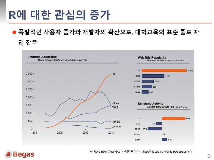 R에 대한 관심의 증가 l 폭발적인 사용자 증가와 개발자의 확산으로, 대학교육의 표준 툴로 자