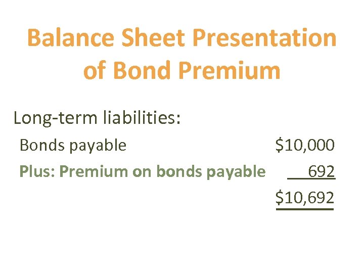 Balance Sheet Presentation of Bond Premium Long-term liabilities: Bonds payable $10, 000 Plus: Premium