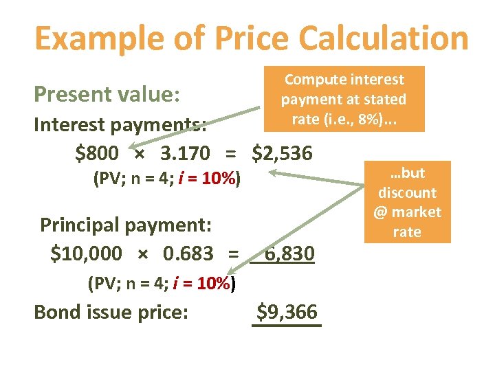 Example of Price Calculation Present value: Compute interest payment at stated rate (i. e.