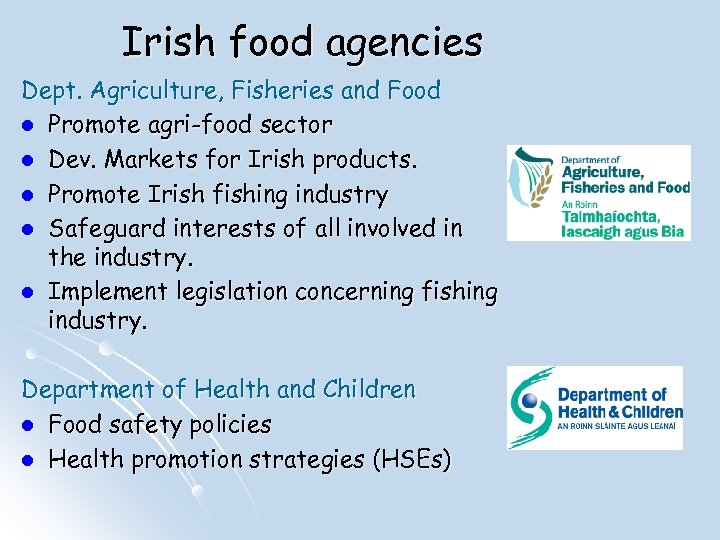 Irish food agencies Dept. Agriculture, Fisheries and Food l Promote agri-food sector l Dev.