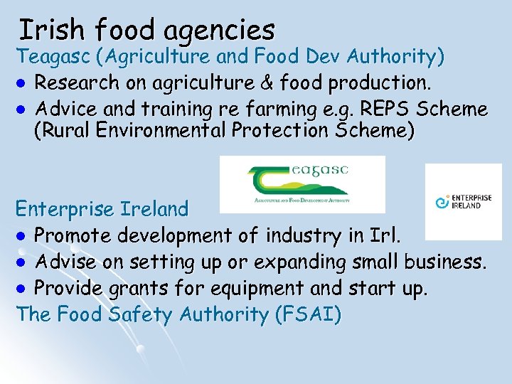 Irish food agencies Teagasc (Agriculture and Food Dev Authority) l Research on agriculture &