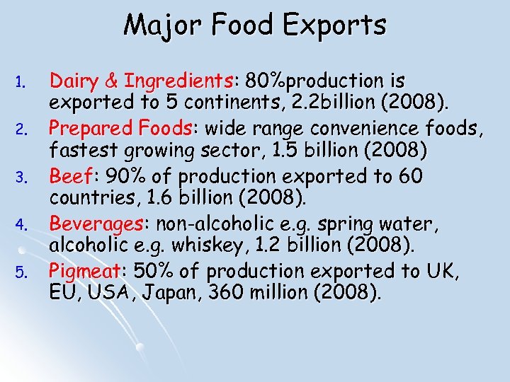 Major Food Exports 1. 2. 3. 4. 5. Dairy & Ingredients: 80%production is exported