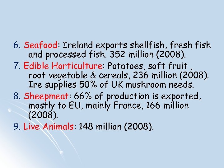 6. Seafood: Ireland exports shellfish, fresh fish and processed fish. 352 million (2008). 7.