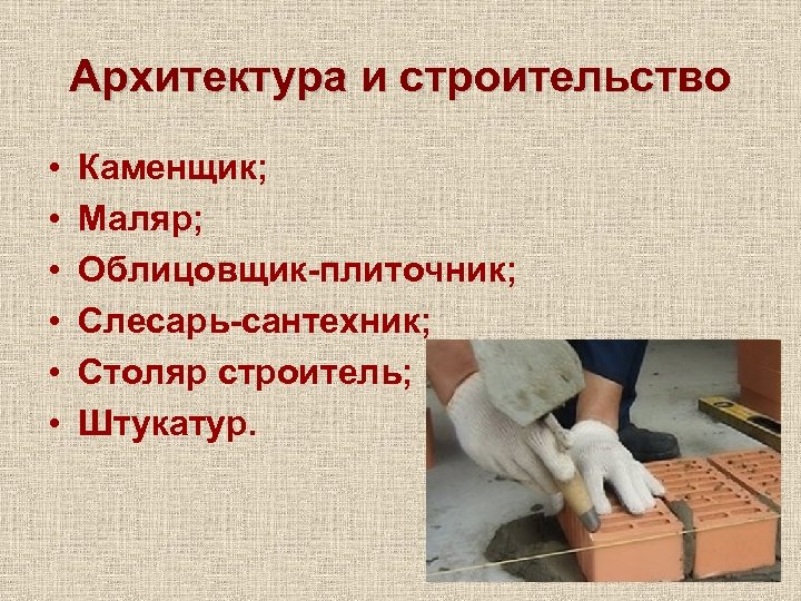 Архитектура и строительство • • • Каменщик; Маляр; Облицовщик-плиточник; Слесарь-сантехник; Столяр строитель; Штукатур. 
