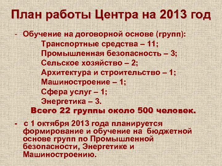 План работы Центра на 2013 год - Обучение на договорной основе (групп): Транспортные средства