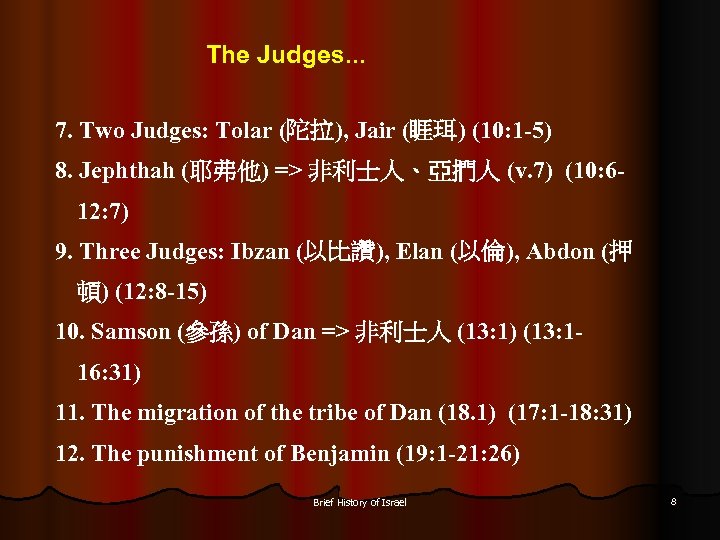 The Judges. . . 7. Two Judges: Tolar (陀拉), Jair (睚珥) (10: 1 -5)