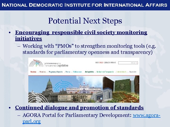 Potential Next Steps • Encouraging responsible civil society monitoring initiatives – Working with “PMOs”