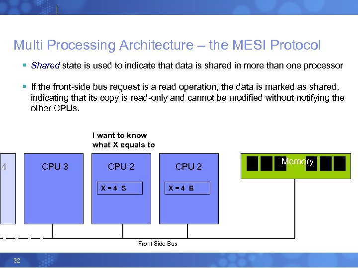 Multi Processing Architecture – the MESI Protocol § Shared state is used to indicate