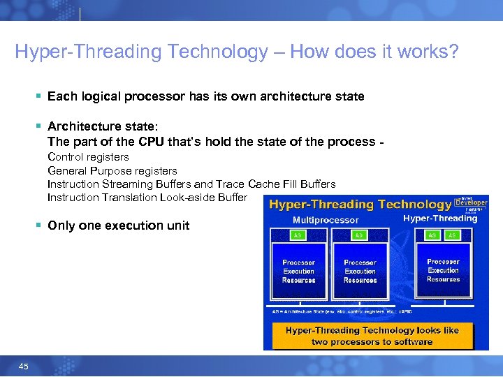 Hyper-Threading Technology – How does it works? § Each logical processor has its own