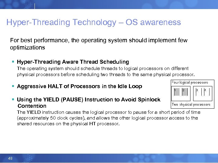 Hyper-Threading Technology – OS awareness For best performance, the operating system should implement few