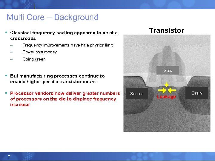 Multi Core – Background Transistor § Classical frequency scaling appeared to be at a