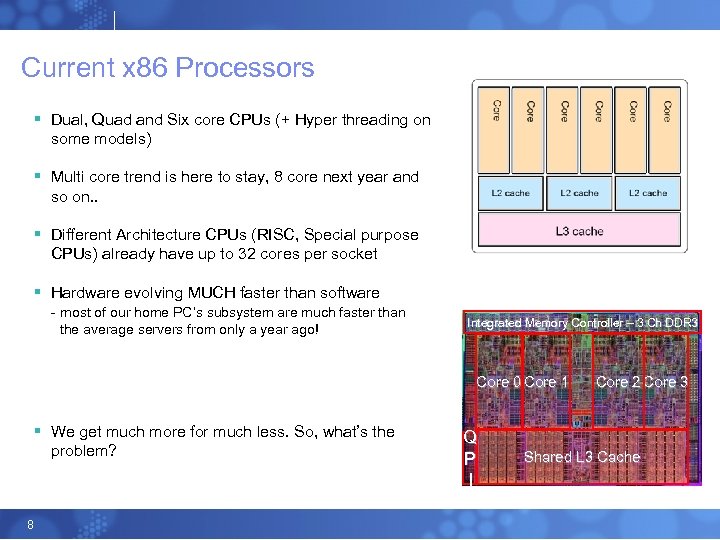Current x 86 Processors § Dual, Quad and Six core CPUs (+ Hyper threading