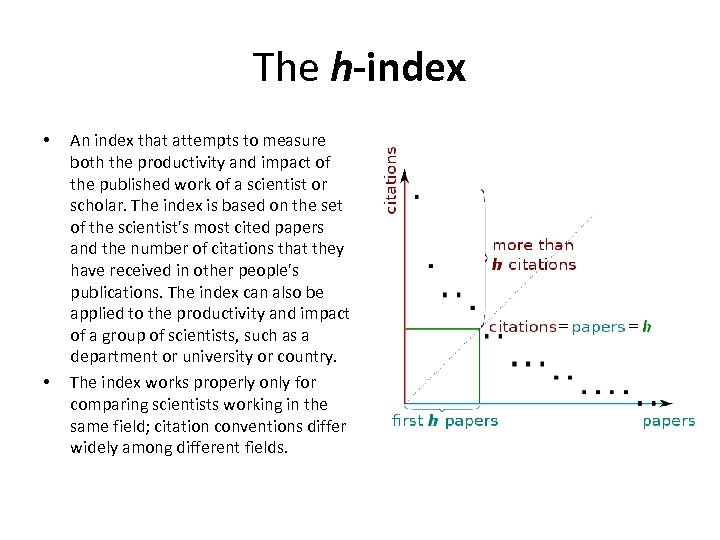 The h-index • • An index that attempts to measure both the productivity and