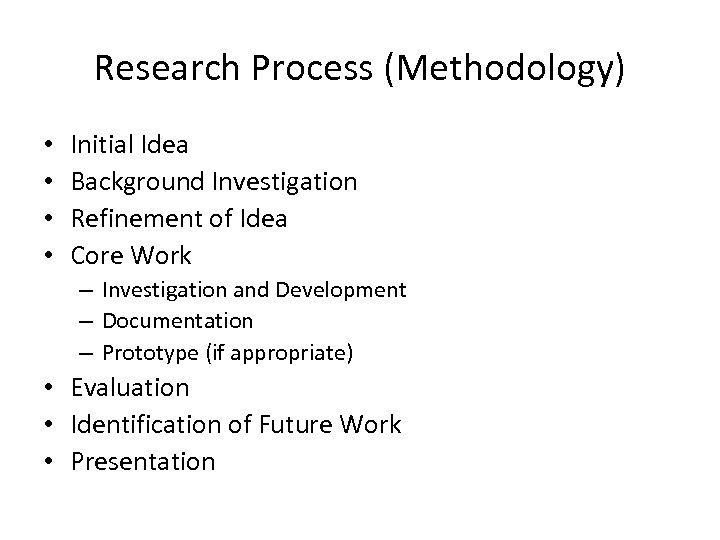 Research Process (Methodology) • • Initial Idea Background Investigation Refinement of Idea Core Work
