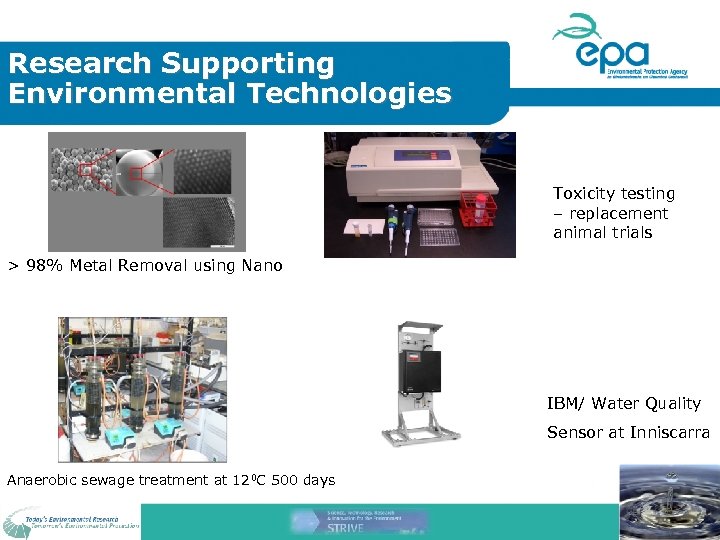 Research Supporting Environmental Technologies Toxicity testing – replacement animal trials > 98% Metal Removal