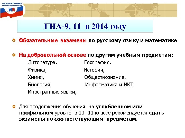 ГИА-9, 11 в 2014 году Обязательные экзамены по русскому языку и математике На добровольной